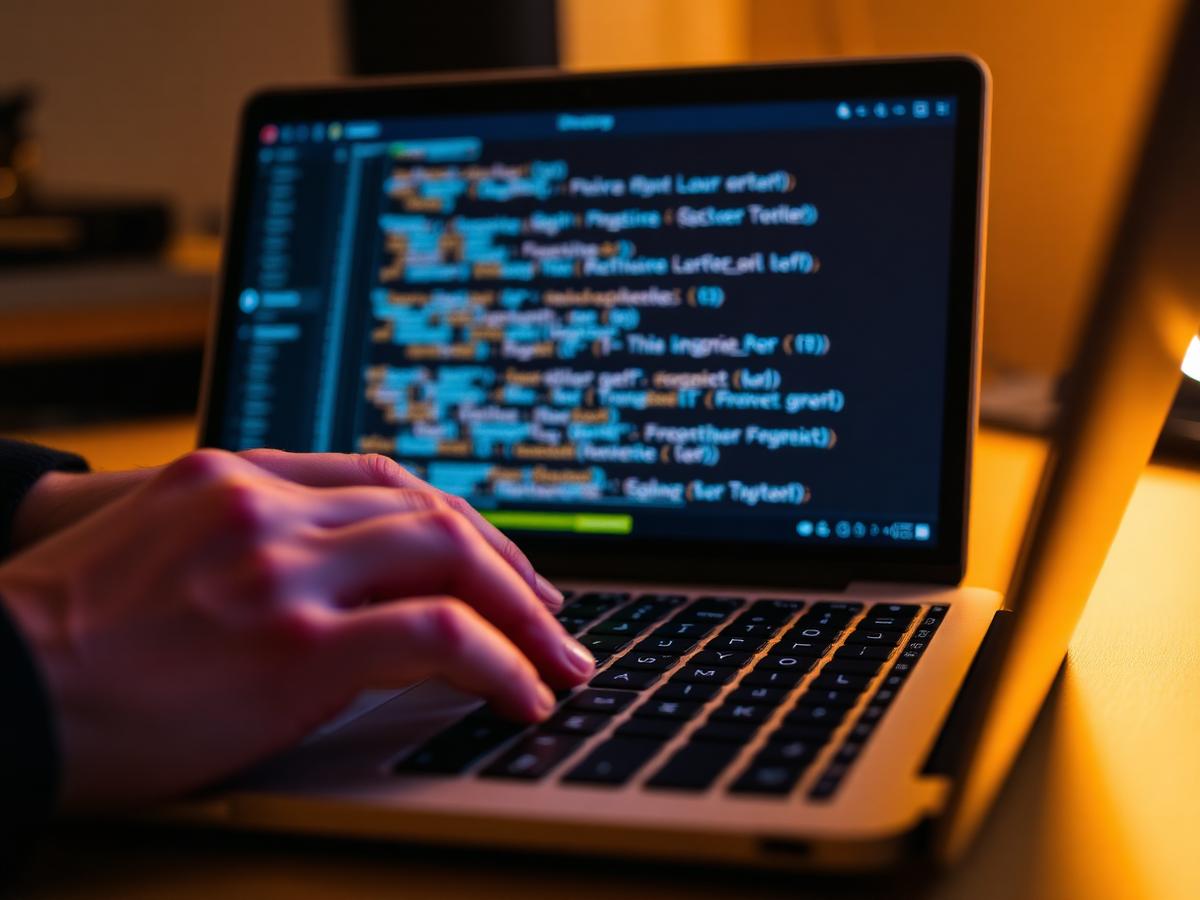 Hands typing on a laptop keyboard with a code editor visible on screen