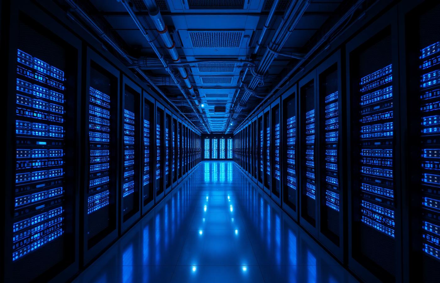 Rows of illuminated server racks in a modern data center