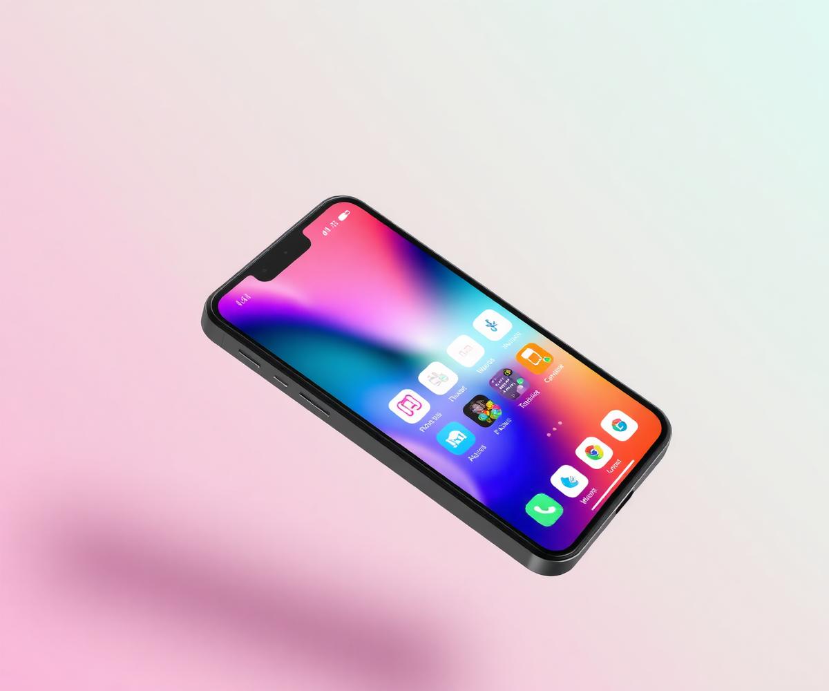 Floating smartphone showing a colorful application interface
