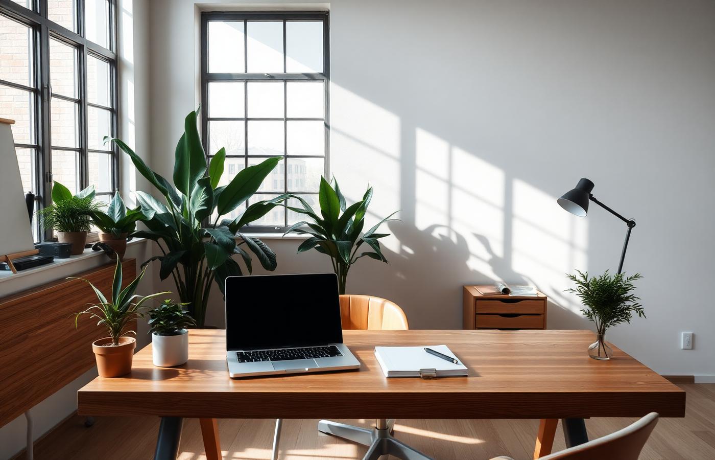 Minimalist wooden desk with a laptop, notebook and plants near a large window