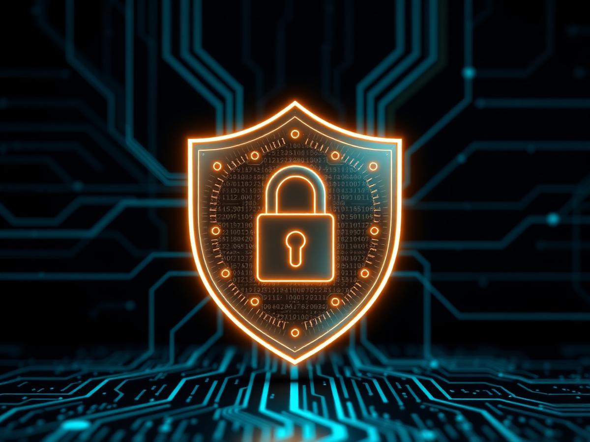 Glowing shield with padlock over circuit-board pattern