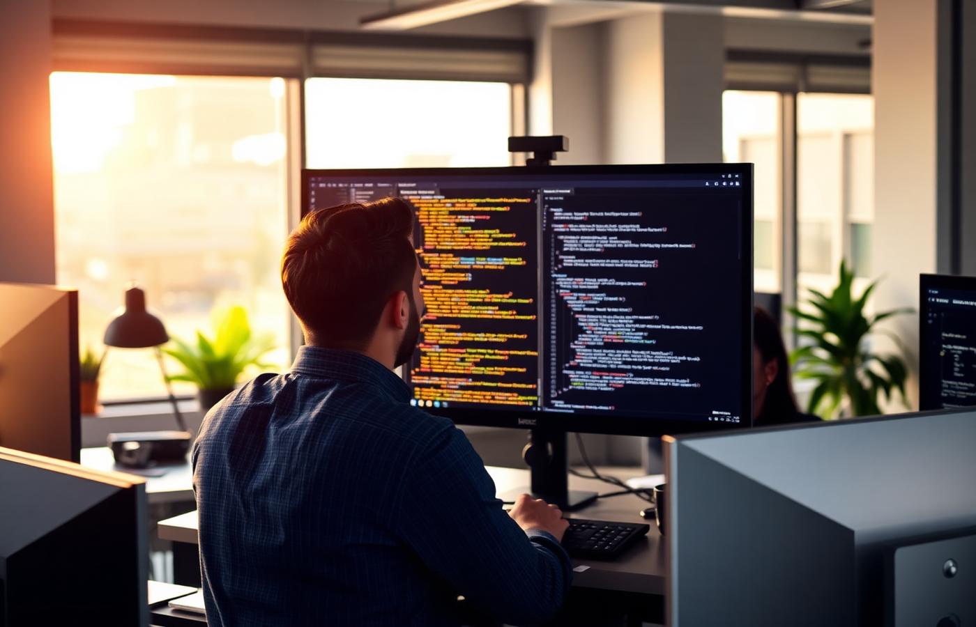 Developer working with code on a large monitor in a bright office